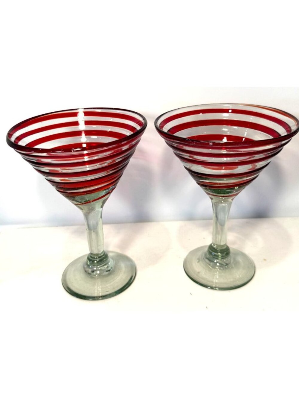 Pier One Red Swirl Hand Blown Vintage Margarita Glasses Set 2